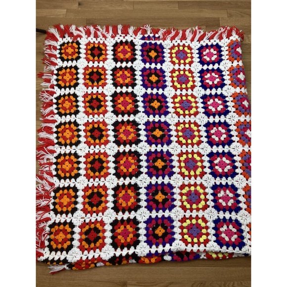 Vtg Large Crochet Knit Granny Square Afghan Throw Blanket Bright Fringe 78 X 92 - Picture 2 of 6